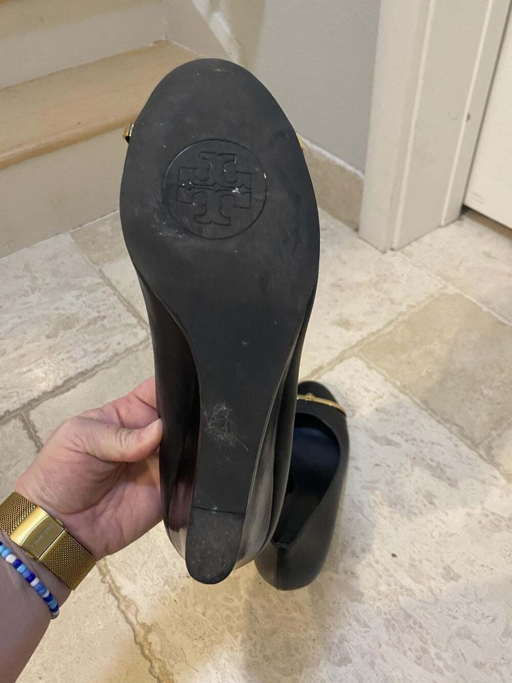 Tory Burch Pacey Shoes Womens Size 10.5 Black Wedge Round Toe Logo Patent Pumps - Picture 4 of 5